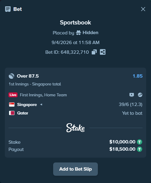 Bet slip: Singapore - Qatar, $10,000.00 stake at 1.85 odds, placed by Hidden