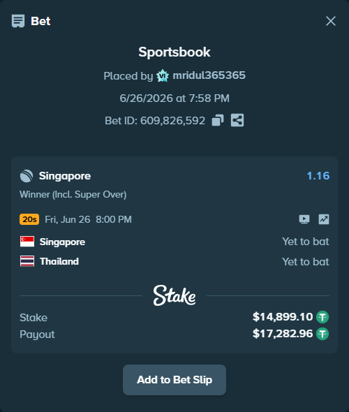 Bet slip: Singapore - Thailand, $14,914.00 stake at 1.16 odds, placed by mridul365365