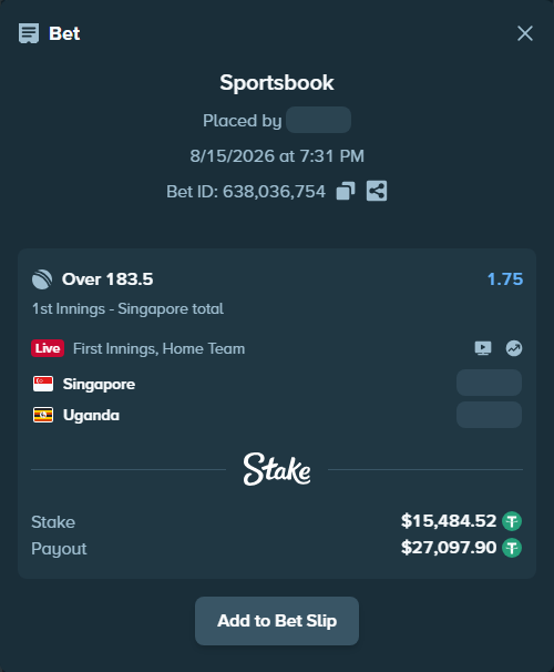 Bet slip: Singapore - Uganda, $15,500.00 stake at 1.75 odds, placed by Munni12300