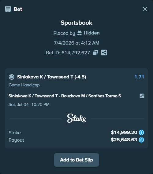 Bet slip: Siniakova K / Townsend T - Bouzkova M / Sorribes Tormo S, $14,999.20 stake at 1.71 odds, placed by Hidden