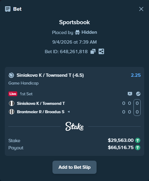 Bet slip: Siniakova K / Townsend T - Brantmeier R / Broadus S, $29,563.00 stake at 2.25 odds, placed by Hidden