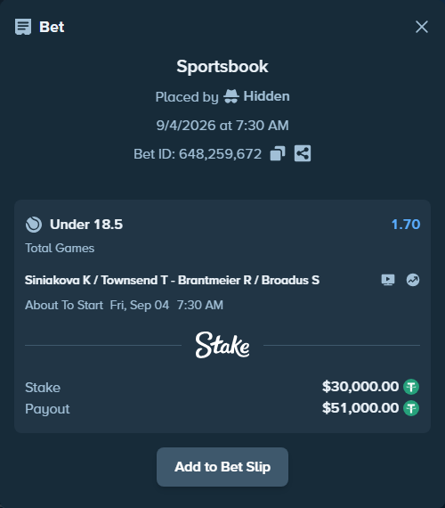 Bet slip: Siniakova K / Townsend T - Brantmeier R / Broadus S, $30,000.00 stake at 1.70 odds, placed by Hidden