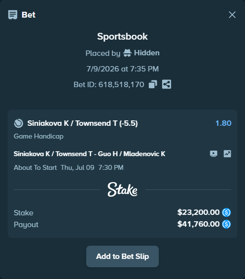 Bet slip: Siniakova K / Townsend T - Guo H / Mladenovic K, $23,200.00 stake at 1.80 odds, placed by Hidden