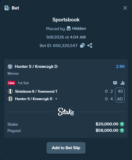 Bet slip: Siniakova K / Townsend T - Hunter S / Krawczyk D, $20,000.00 stake at 2.90 odds, placed by Hidden