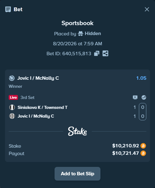 Bet slip: Siniakova K / Townsend T - Jovic I / McNally C, $10,191.31 stake at 1.05 odds, placed by Hidden