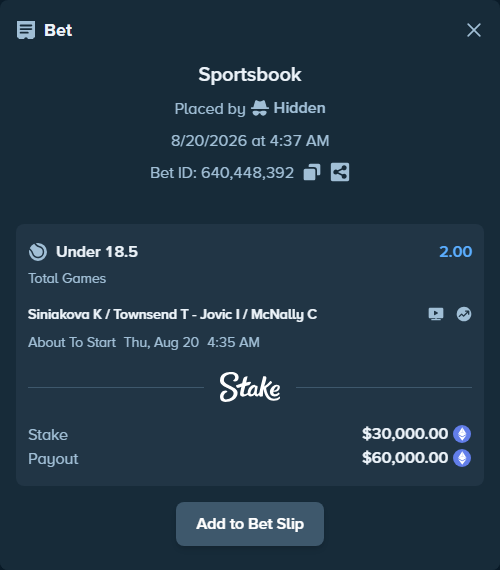 Bet slip: Siniakova K / Townsend T - Jovic I / McNally C, $32,542.84 stake at 2.00 odds, placed by Hidden