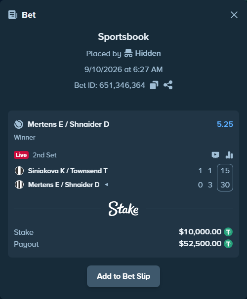 Bet slip: Siniakova K / Townsend T - Mertens E / Shnaider D, $10,000.00 stake at 5.25 odds, placed by Hidden