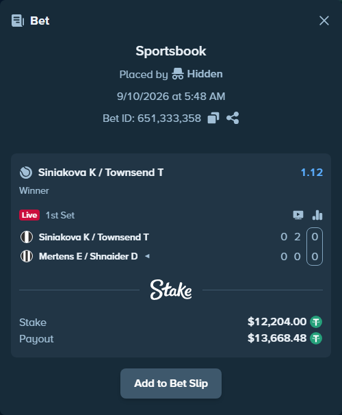 Bet slip: Siniakova K / Townsend T - Mertens E / Shnaider D, $12,204.00 stake at 1.12 odds, placed by Hidden