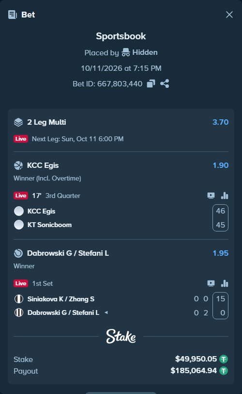 Bet slip: Siniakova K / Zhang S - Dabrowski G / Stefani L, $50,000.00 stake at 1.95 odds, placed by Hidden