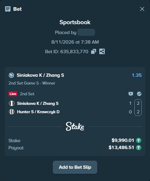 Bet slip: Siniakova K / Zhang S - Hunter S / Krawczyk D, $10,000.00 stake at 1.35 odds, placed by diomancy
