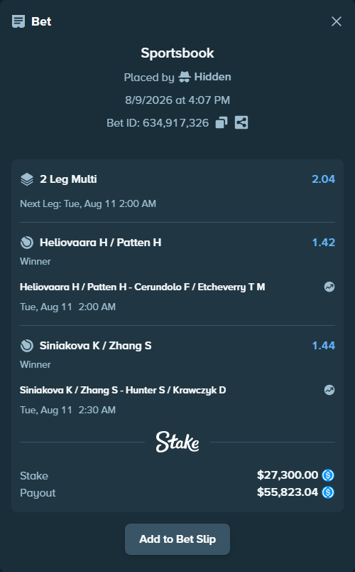 Bet slip: Siniakova K / Zhang S - Hunter S / Krawczyk D, $27,300.00 stake at 1.44 odds, placed by Hidden