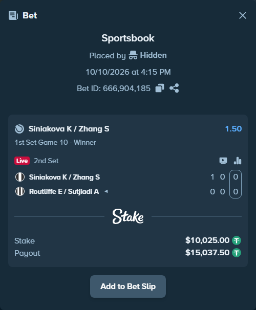 Bet slip: Siniakova K / Zhang S - Routliffe E / Sutjiadi A, $10,035.02 stake at 1.50 odds, placed by Hidden