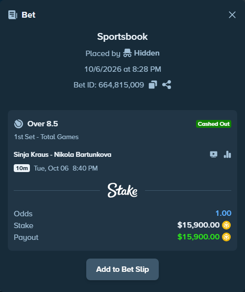 Bet slip: Sinja Kraus - Nikola Bartunkova, $15,913.90 stake at 1.46 odds, placed by Tanyakirova77