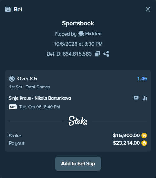 Bet slip: Sinja Kraus - Nikola Bartunkova, $15,913.90 stake at 1.46 odds, placed by Tanyakirova77