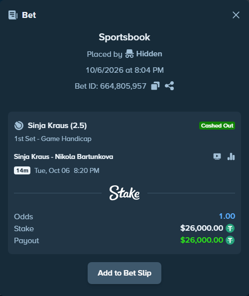 Bet slip: Sinja Kraus - Nikola Bartunkova, $26,000.00 stake at 1.72 odds, placed by mainTerafit