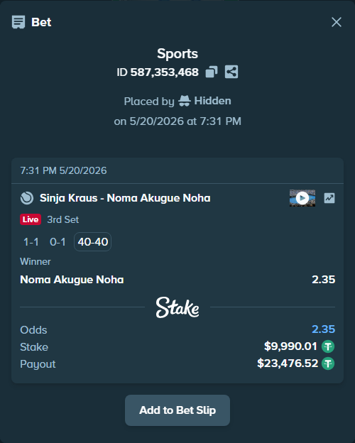 Bet slip: Sinja Kraus - Noma Akugue Noha, $10,000.00 stake at 2.35 odds, placed by Hidden