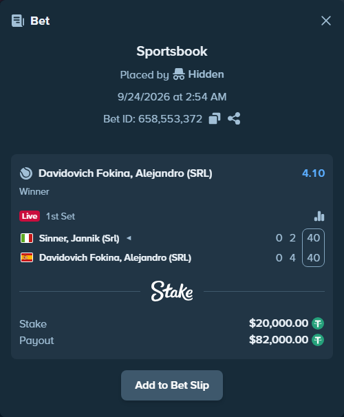 Bet slip: Sinner, Jannik (Srl) - Davidovich Fokina, Alejandro (SRL), $20,000.00 stake at 4.10 odds, placed by Hidden