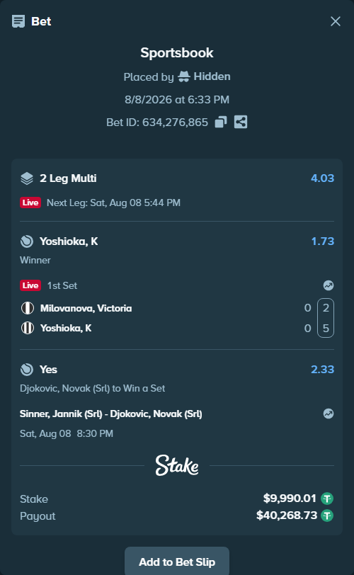 Bet slip: Sinner, Jannik (Srl) - Djokovic, Novak (Srl), $10,000.00 stake at 2.33 odds, placed by Hidden