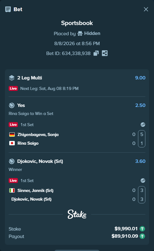 Bet slip: Sinner, Jannik (Srl) - Djokovic, Novak (Srl), $10,000.00 stake at 3.60 odds, placed by Hidden