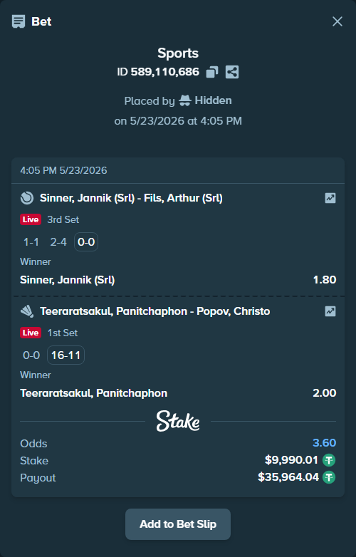 Bet slip: Sinner, Jannik (Srl) - Fils, Arthur (Srl), $10,000.00 stake at 1.80 odds, placed by Hidden