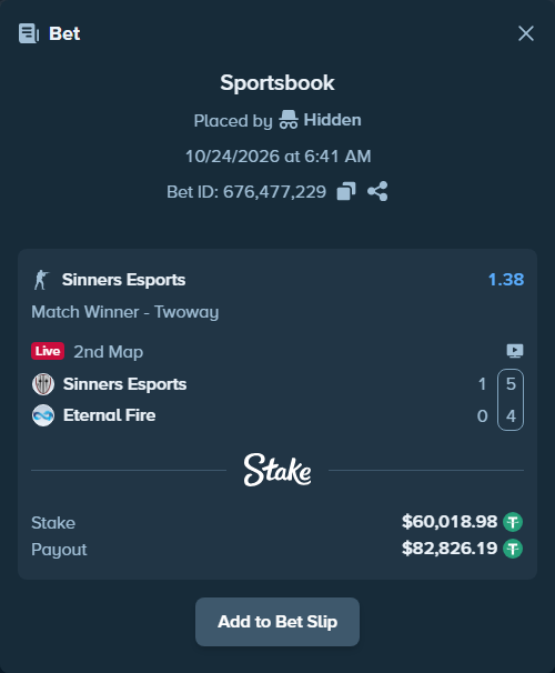 Bet slip: Sinners Esports - Eternal Fire, $60,079.00 stake at 1.38 odds, placed by Mnt41