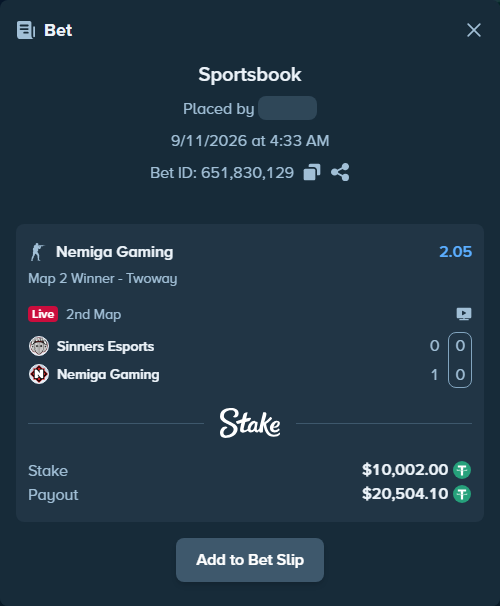Bet slip: Sinners Esports - Nemiga Gaming, $10,000.00 stake at 2.05 odds, placed by fantasy7788
