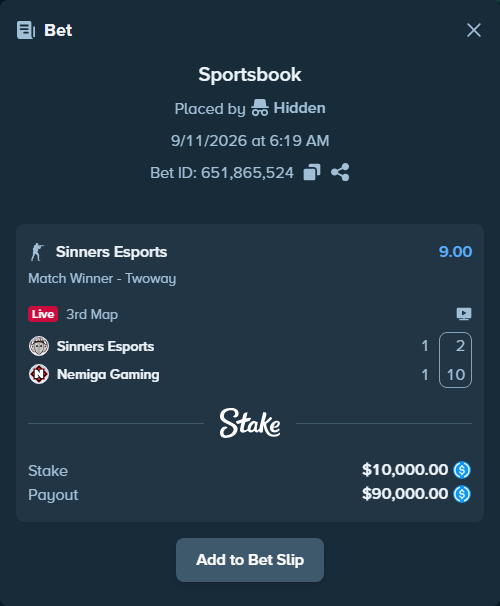 Bet slip: Sinners Esports - Nemiga Gaming, $10,000.00 stake at 9.00 odds, placed by Hidden