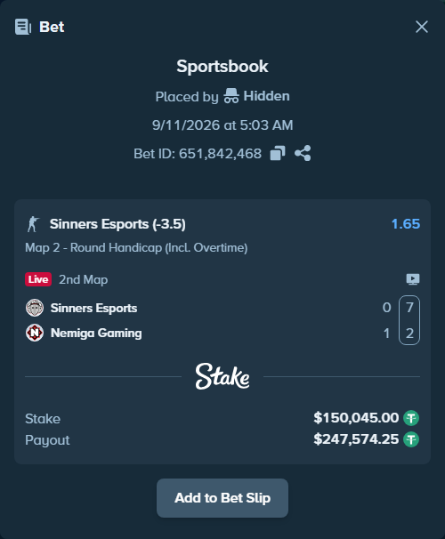 Bet slip: Sinners Esports - Nemiga Gaming, $150,000.00 stake at 1.65 odds, placed by Hidden