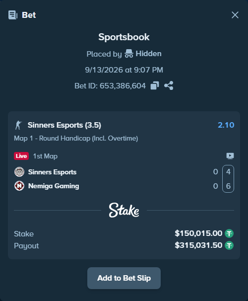 Bet slip: Sinners Esports - Nemiga Gaming, $150,000.00 stake at 2.10 odds, placed by Hidden