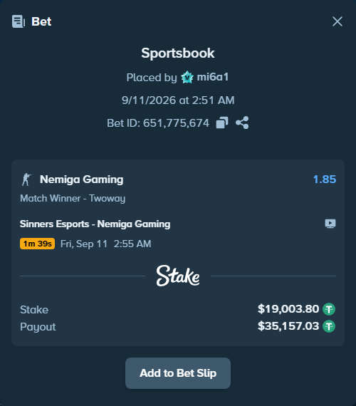 Bet slip: Sinners Esports - Nemiga Gaming, $19,000.00 stake at 1.85 odds, placed by mi6a1