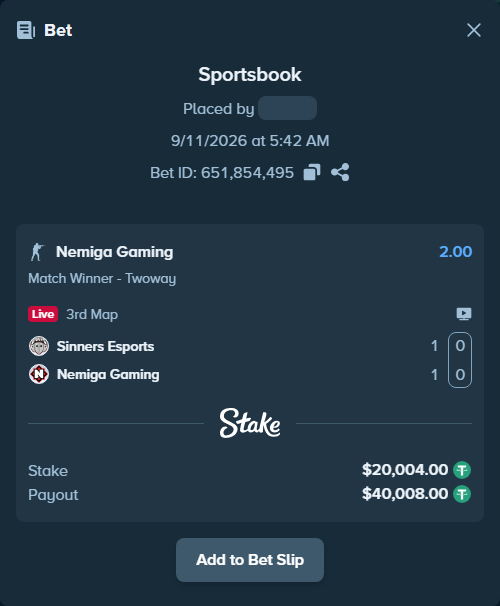Bet slip: Sinners Esports - Nemiga Gaming, $20,000.00 stake at 2.00 odds, placed by fantasy7788