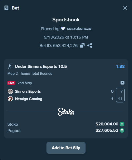 Bet slip: Sinners Esports - Nemiga Gaming, $20,000.00 stake at 1.38 odds, placed by saszakoncza