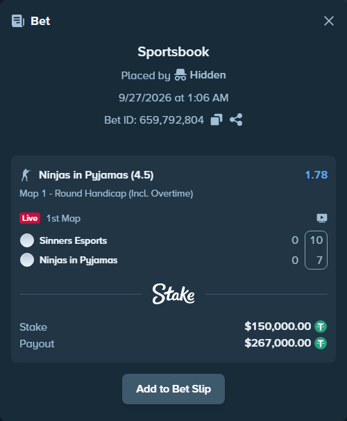 Bet slip: Sinners Esports - Ninjas in Pyjamas, $150,000.00 stake at 1.78 odds, placed by Hidden