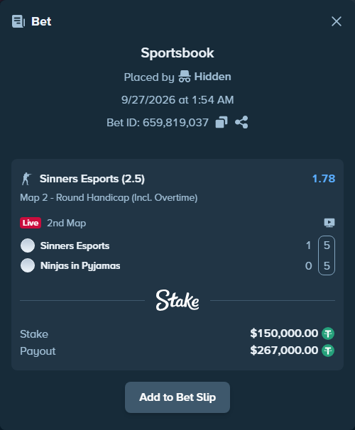 Bet slip: Sinners Esports - Ninjas in Pyjamas, $150,000.00 stake at 1.78 odds, placed by Hidden