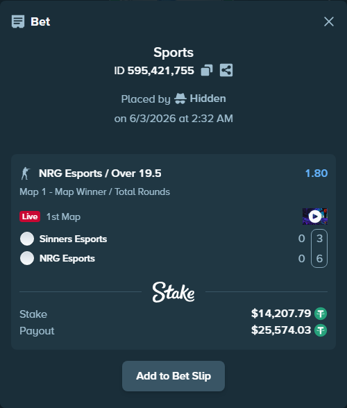 Bet slip: Sinners Esports - NRG Esports, $14,222.00 stake at 1.80 odds, placed by Hidden
