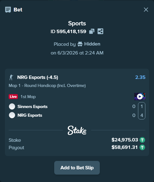 Bet slip: Sinners Esports - NRG Esports, $25,000.00 stake at 2.35 odds, placed by Hidden