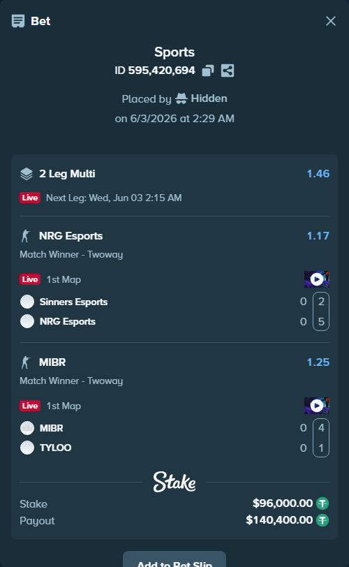 Bet slip: Sinners Esports - NRG Esports, $96,096.00 stake at 1.17 odds, placed by Hidden