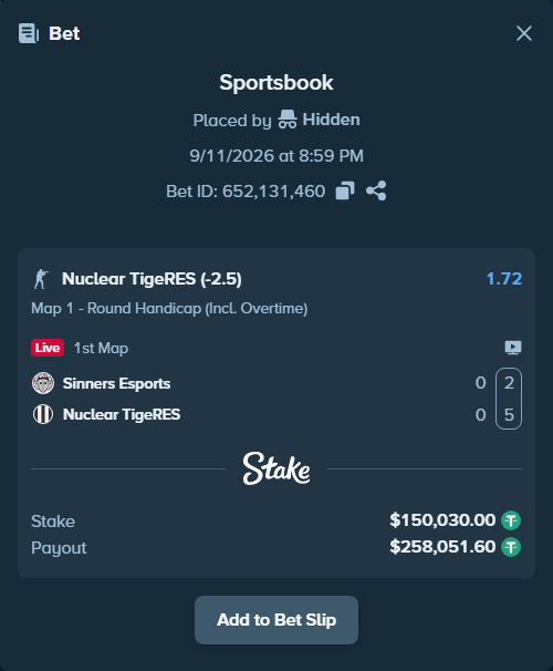 Bet slip: Sinners Esports - Nuclear TigeRES, $150,000.00 stake at 1.72 odds, placed by Hidden