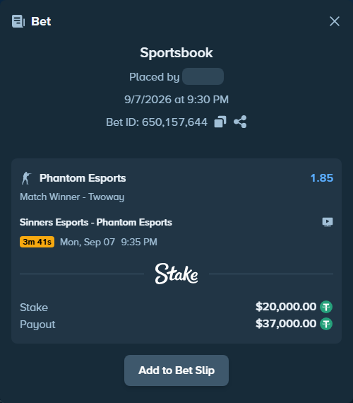 Bet slip: Sinners Esports - Phantom Esports, $20,000.00 stake at 1.85 odds, placed by fantasy7788