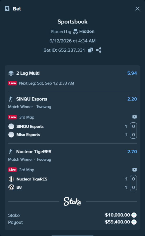 Bet slip: SINQU Esports - Misa Esports, $10,163.00 stake at 2.20 odds, placed by Hidden