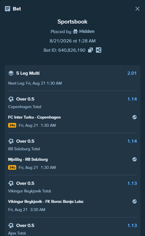 Bet slip: Sion - Ajax, $10,000.00 stake at 1.13 odds, placed by Hidden