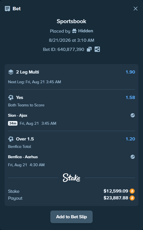 Bet slip: Sion - Ajax, $12,760.22 stake at 1.58 odds, placed by Hidden