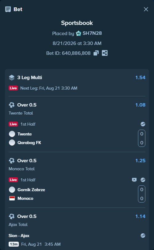Bet slip: Sion - Ajax, $21,114.00 stake at 1.14 odds, placed by SH7N28