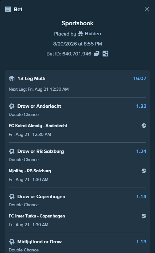 Bet slip: Sion - Ajax, $25,000.00 stake at 1.25 odds, placed by Hidden