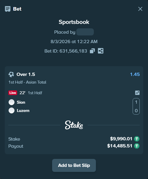 Bet slip: Sion - Luzern, $10,000.00 stake at 1.45 odds, placed by tlwns4736