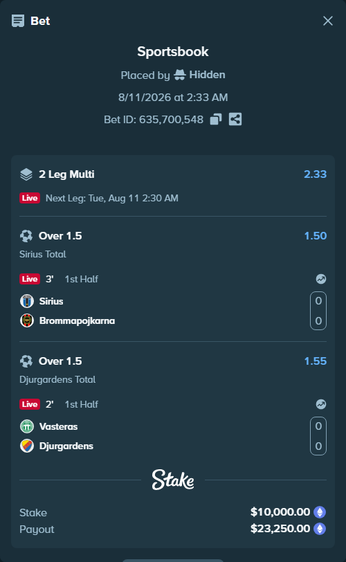 Bet slip: Sirius - Brommapojkarna, $10,009.69 stake at 1.50 odds, placed by Hidden