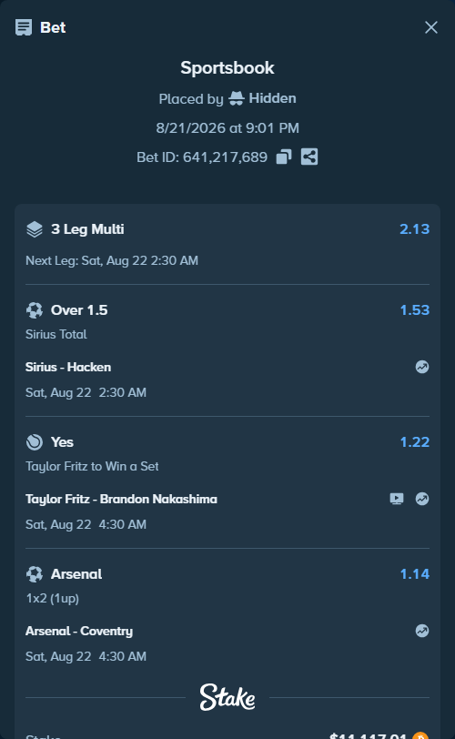 Bet slip: Sirius - Hacken, $11,222.08 stake at 1.53 odds, placed by Hidden