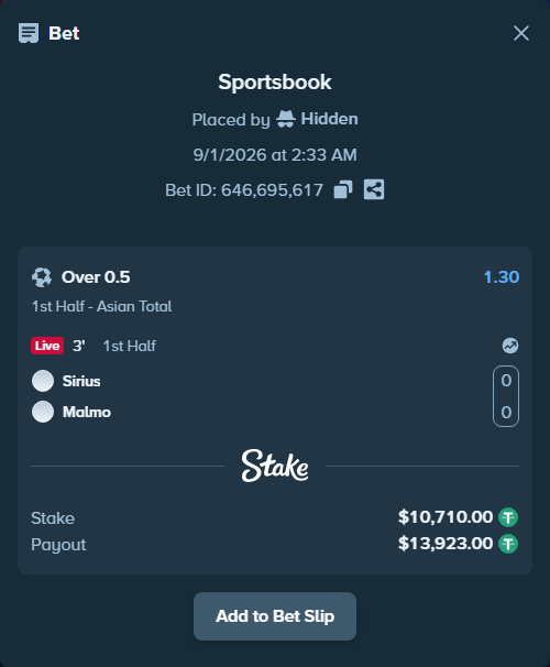 Bet slip: Sirius - Malmo, $10,710.00 stake at 1.30 odds, placed by Hidden