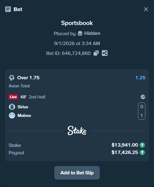 Bet slip: Sirius - Malmo, $13,941.00 stake at 1.25 odds, placed by Hidden
