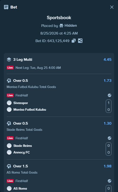 Bet slip: Sivasspor - Manisa Futbol Kulubu, $200,000.00 stake at 1.73 odds, placed by Hidden